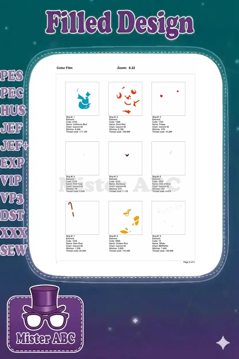 First page of the Color Film for Scrooge McDuck embroidery, showing individual color elements and stitch data.