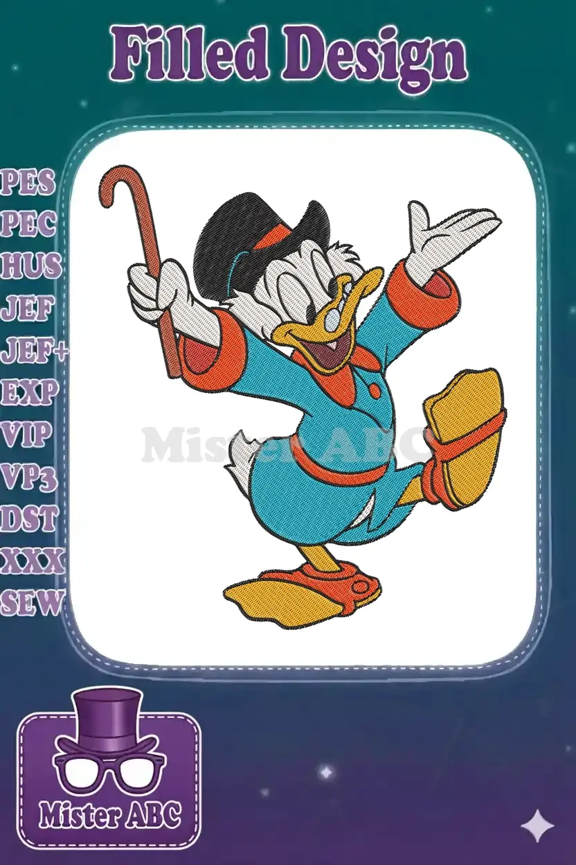 Vibrant Scrooge McDuck embroidery design in a joyful pose, featuring his iconic top hat, coat, and cane.