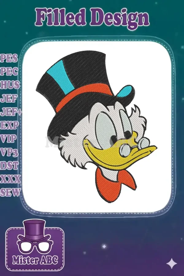High-quality embroidery design featuring Scrooge McDuck, with his top hat, monocle, and signature red bow tie.
