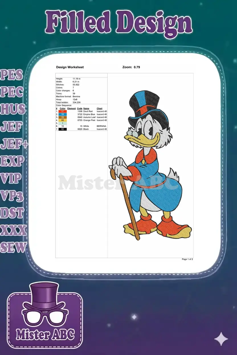Scrooge McDuck embroidery design worksheet, detailing dimensions, stitch count, color sequence, and thread types.