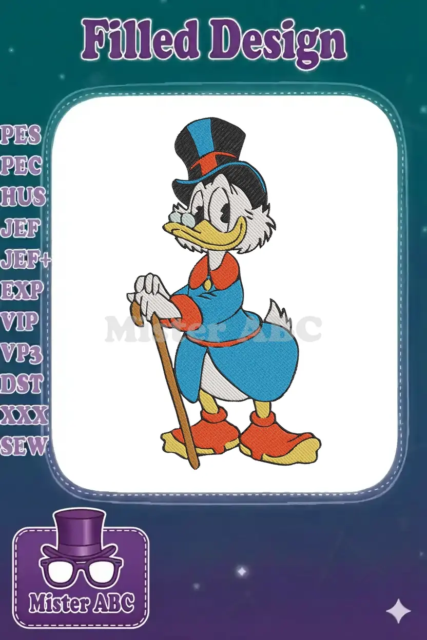 Scrooge McDuck digital embroidery design featuring the wealthy duck in a blue coat, red shoes, and top hat.