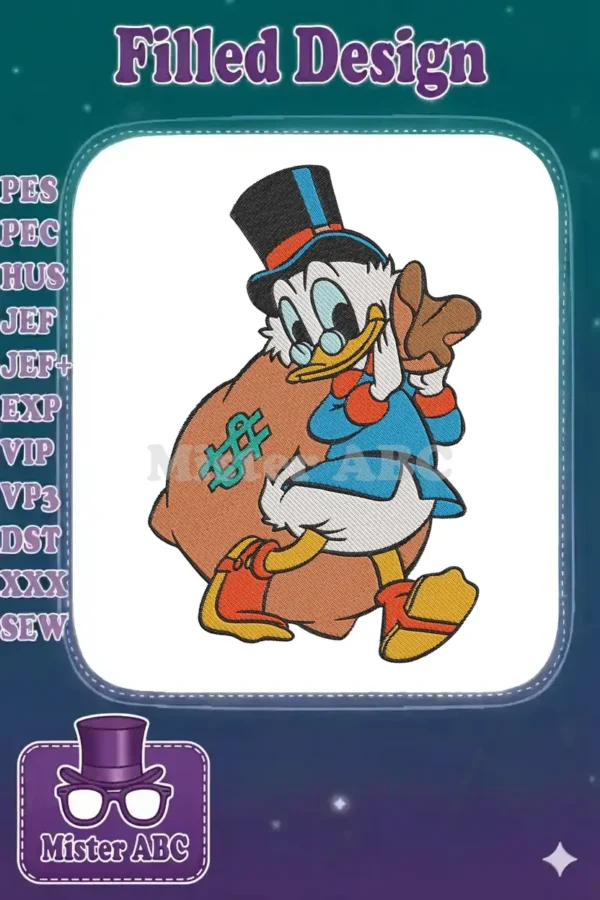 Scrooge McDuck embroidery design, a wealthy duck carrying a dollar-signed money bag, wearing a top hat.