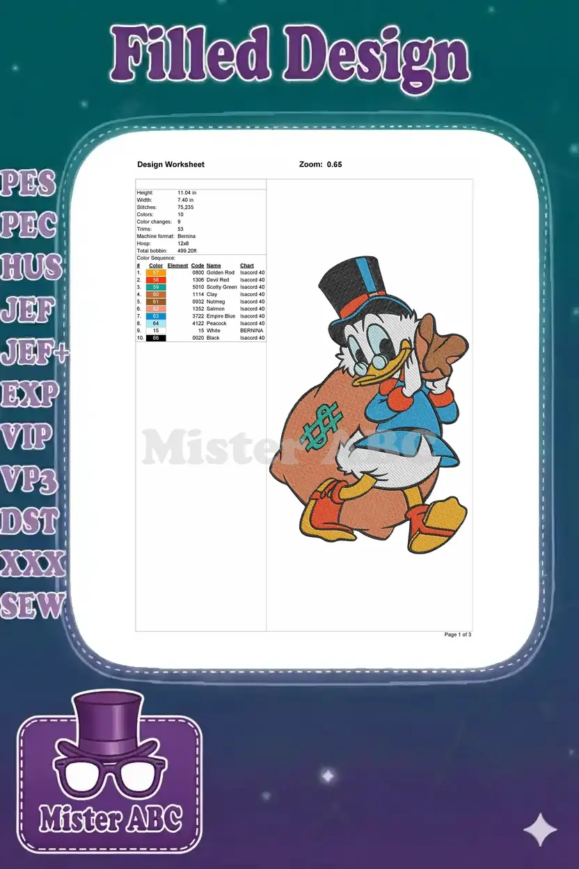 Embroidery design worksheet detailing dimensions, stitch count, color sequence, and machine specifications.
