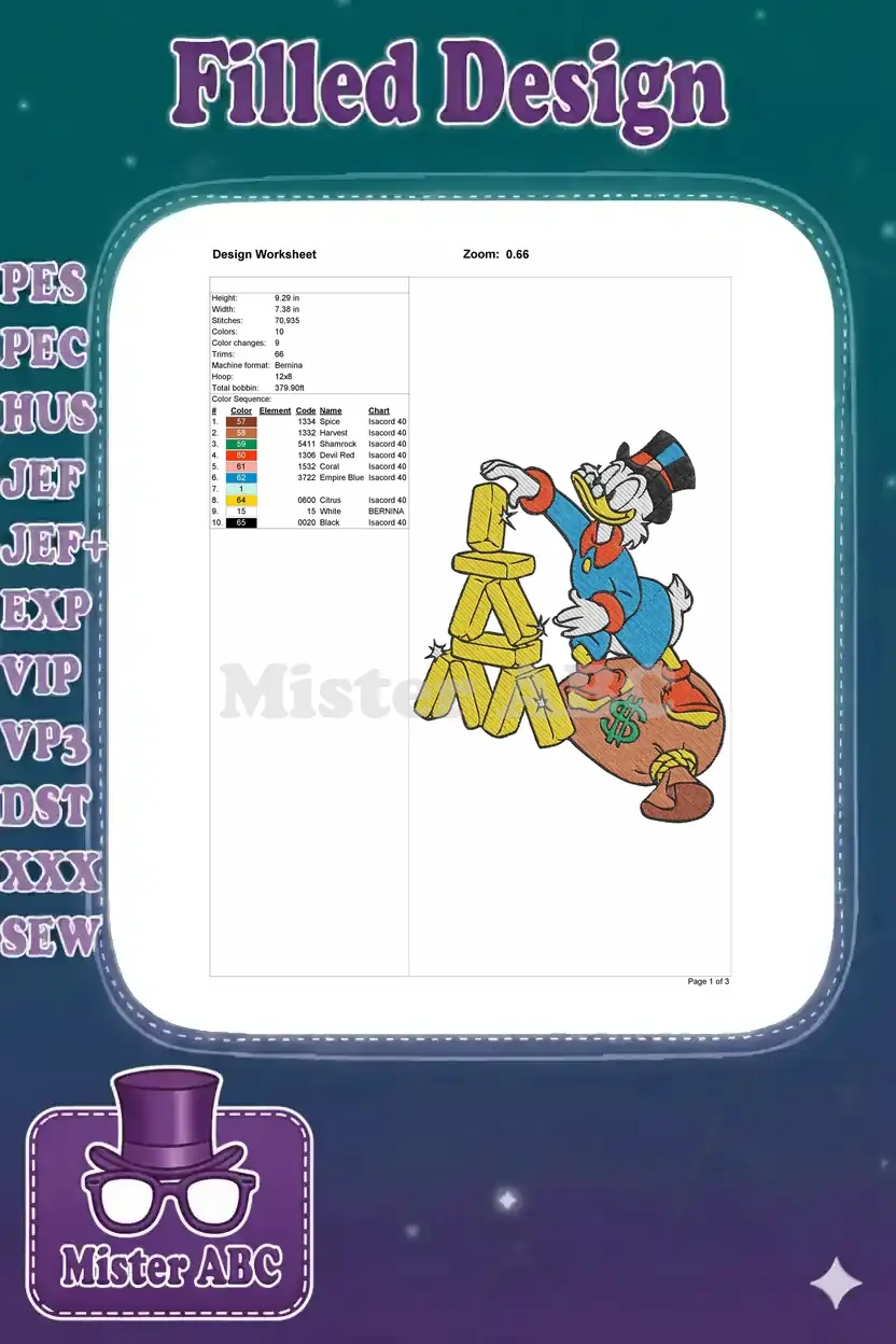 Embroidery design worksheet showing dimensions, stitch count, color sequence, thread codes, and a design preview.