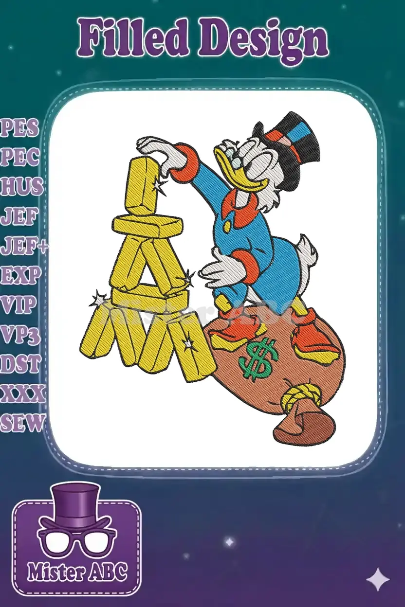 Scrooge McDuck embroidery design, standing on a money bag, stacking shiny gold bars with a determined look.