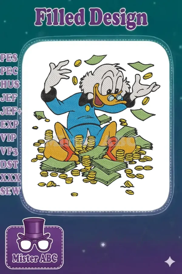 Scrooge McDuck, the wealthy Disney character, sitting gleefully amidst piles of gold coins and banknotes, arms raised in triumph.