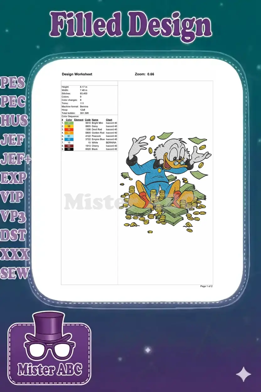 A detailed embroidery design worksheet for Scrooge McDuck, showing dimensions, stitch count, colors, and machine specifications.
