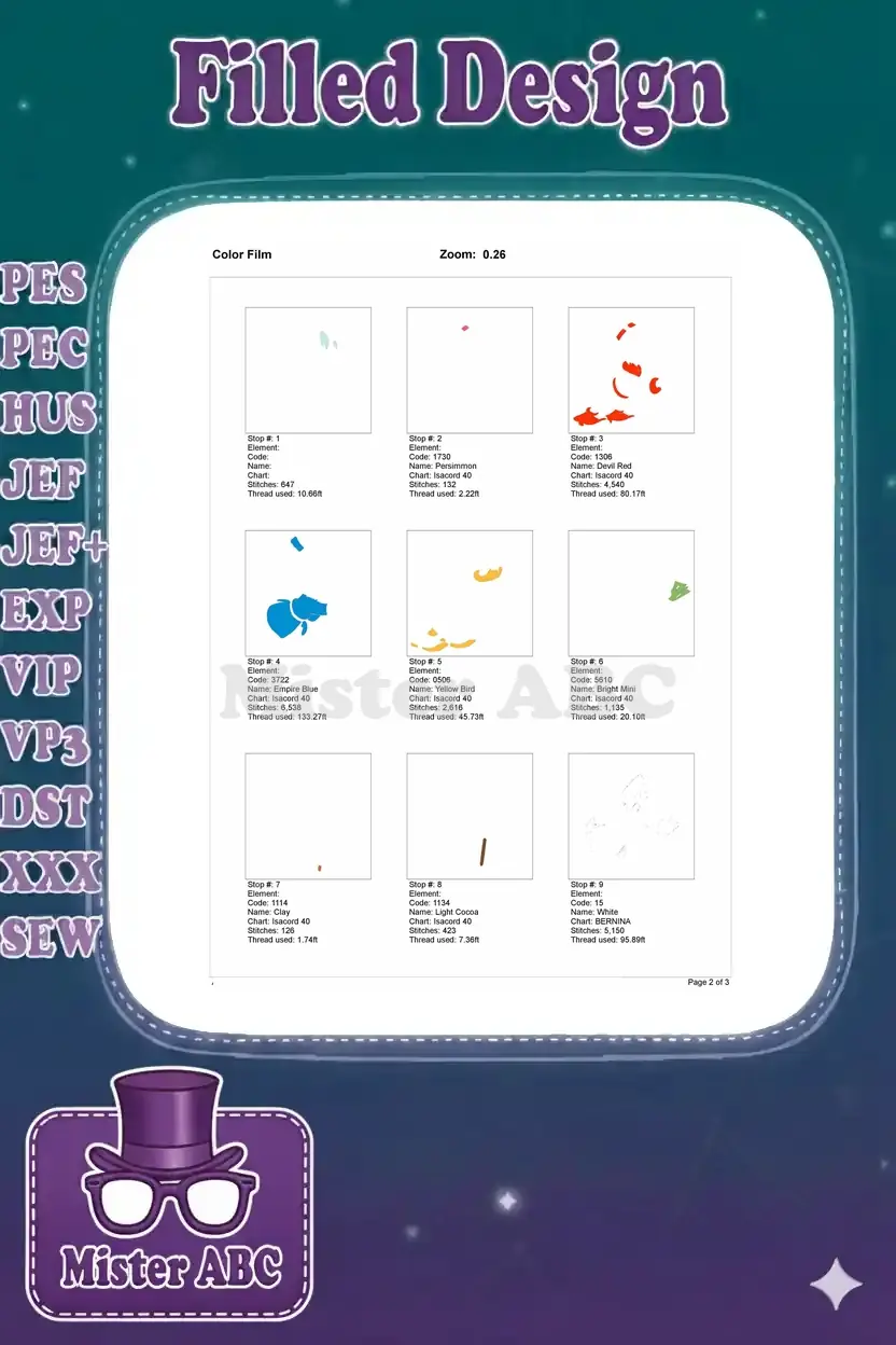 A multi-panel color film showing the initial nine stitch stops and thread usage for the embroidery design.