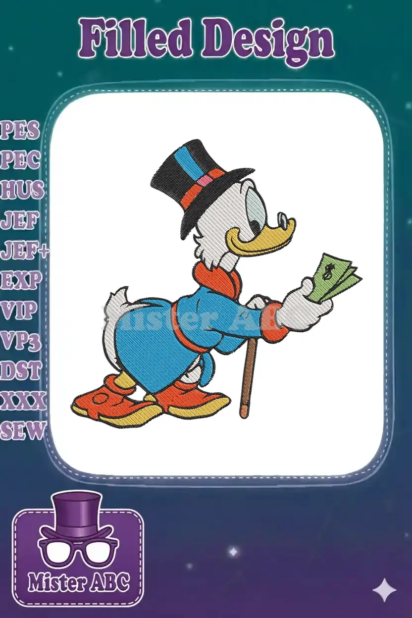 A vibrant digital embroidery design of Scrooge McDuck, in his blue coat and top hat, holding money and a cane.