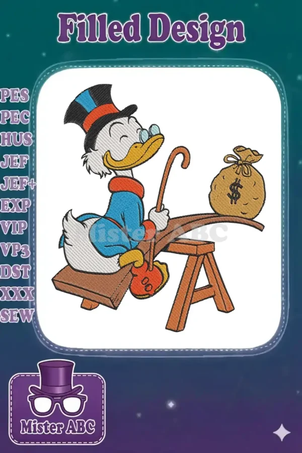 Scrooge McDuck embroidery design, featuring the wealthy duck balancing on a seesaw with a large money bag.