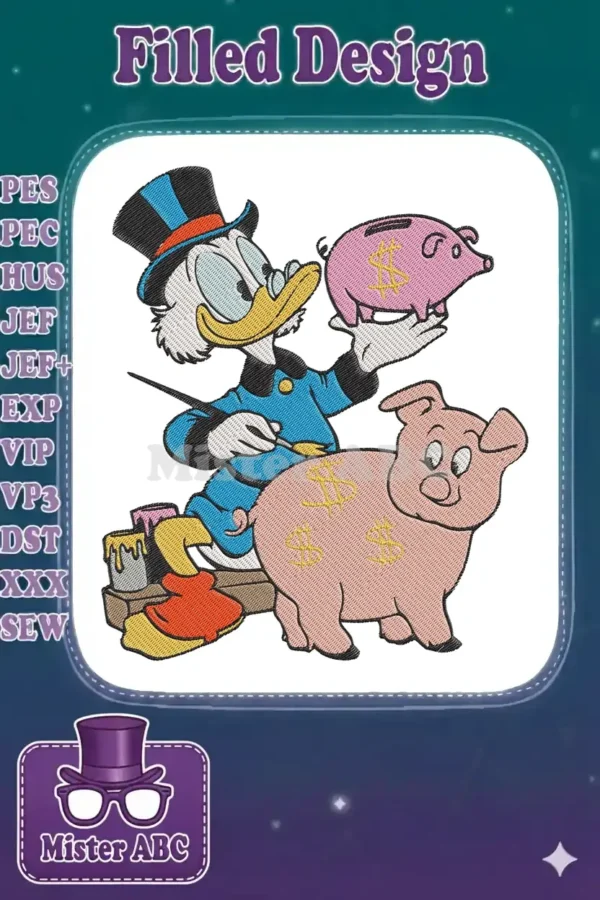 Scrooge McDuck, in his classic attire, proudly displays two pink piggy banks with dollar signs. A vibrant, detailed embroidery design.
