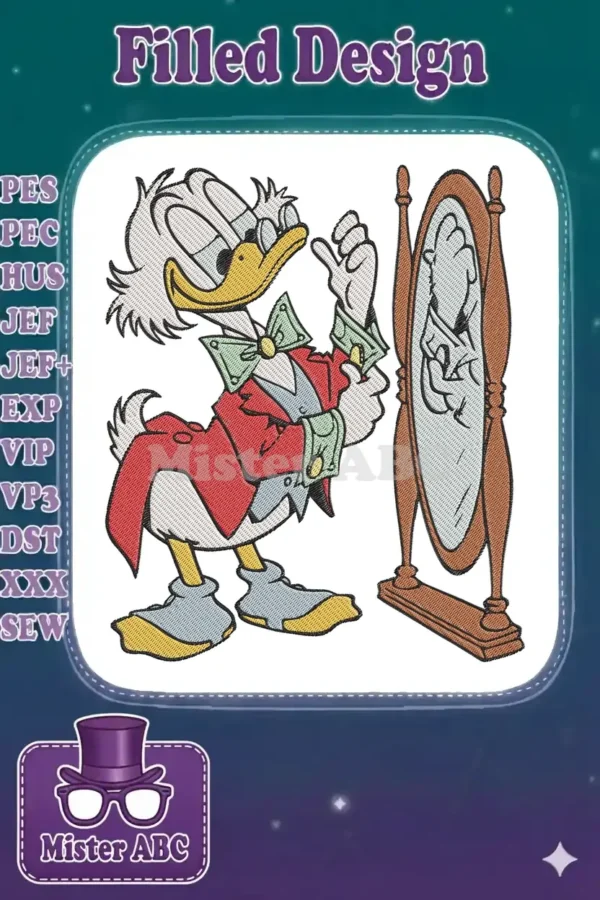 Scrooge McDuck in a red coat, holding money, admiring his reflection in a standing mirror.