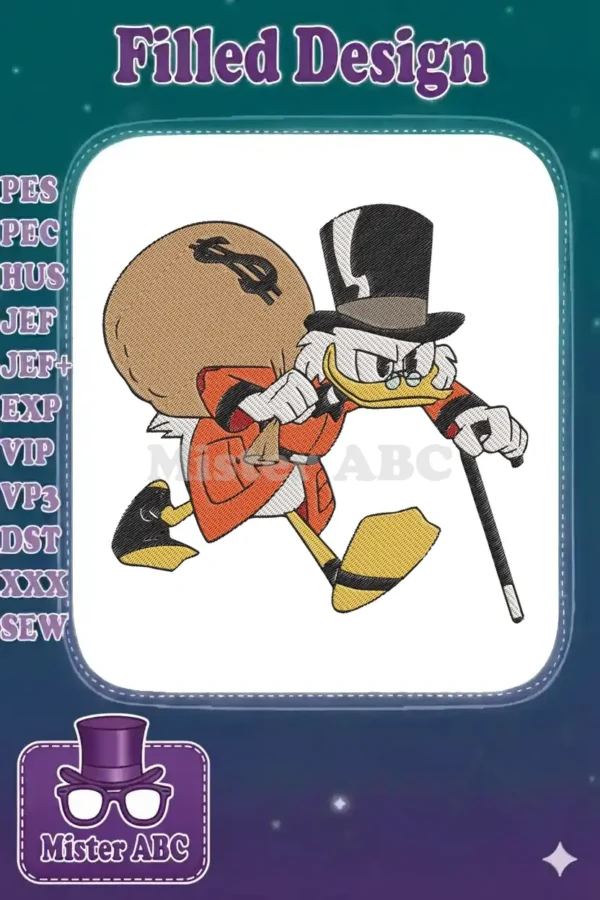 Scrooge McDuck embroidery design, running with a money bag and cane, featuring detailed stitching and vibrant colors.