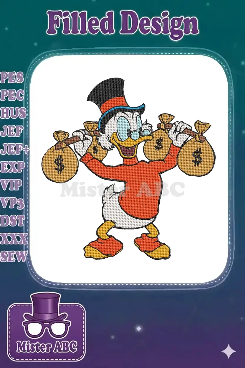 Scrooge McDuck embroidery design, featuring the wealthy duck joyfully holding money bags, vibrant and detailed.