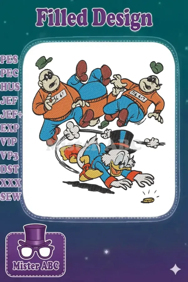 Scrooge McDuck in a top hat and blue coat, expertly evading two orange-clad Beagle Boys in a lively, detailed embroidery design.