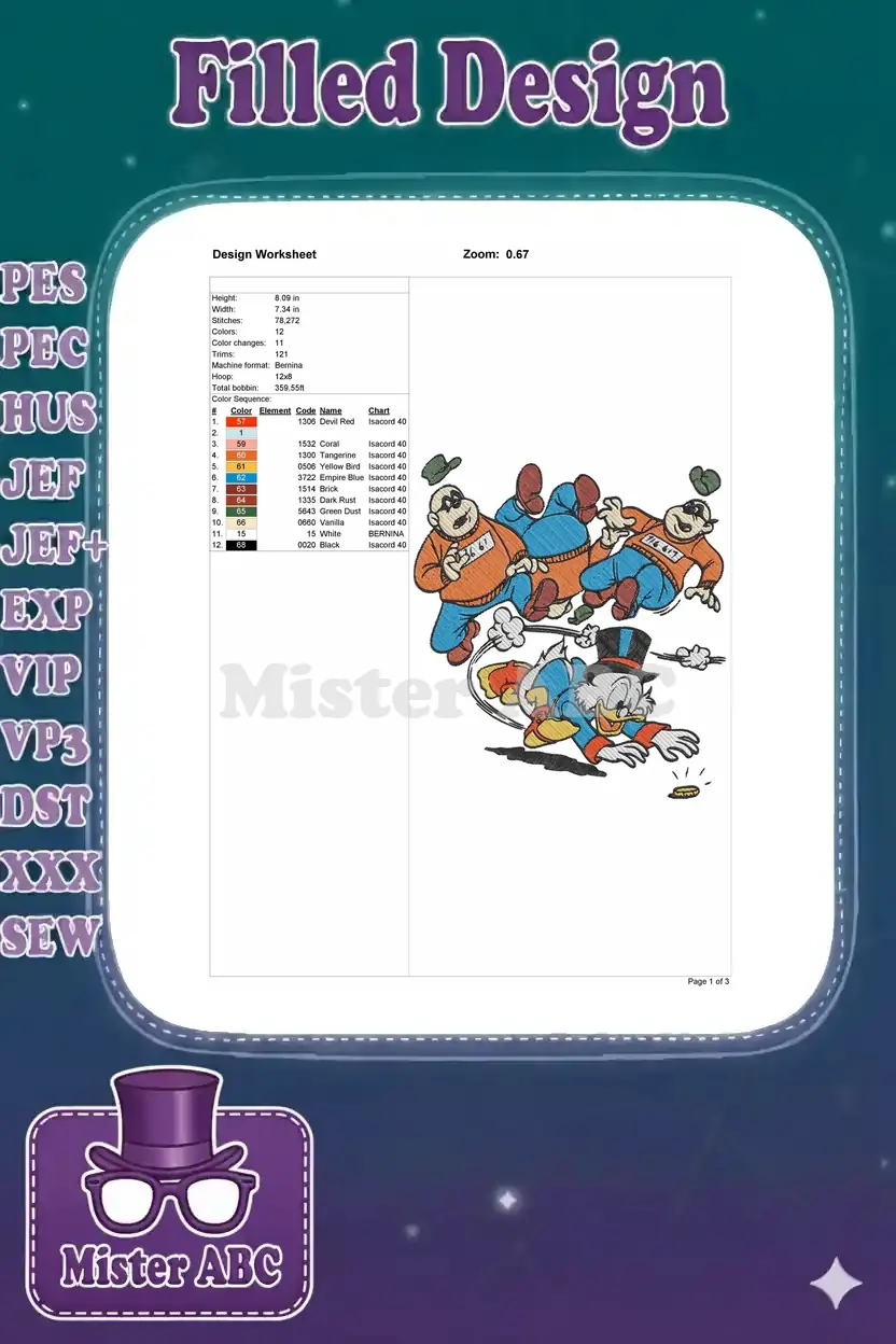 A detailed design worksheet for the Scrooge McDuck embroidery, showing stitch count, dimensions, and color sequence chart.