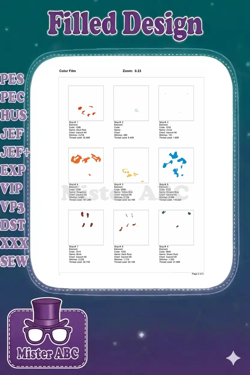 First page of the color film, isolating initial color elements of the Scrooge McDuck and Beagle Boys embroidery design.