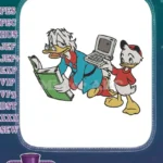 Scrooge McDuck reading book and nephew with laptop learning embroidery designs - Instant Download
