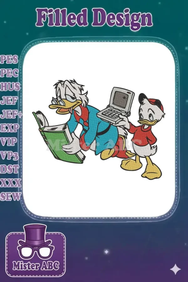 A detailed embroidery design of Scrooge McDuck reading a book while Huey holds a laptop, against a white background.