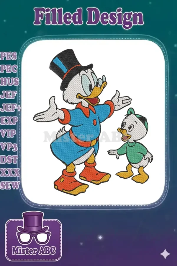 Vibrant embroidery design featuring Scrooge McDuck in his blue coat and top hat, with his nephew in green.