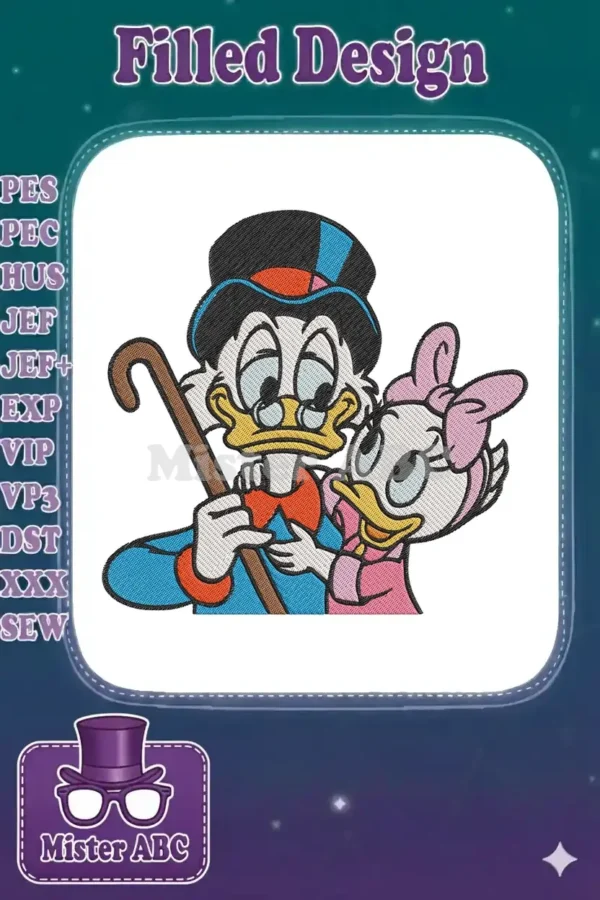 Full-color embroidery design of Scrooge McDuck in a top hat with a cane, embracing Daisy Duck in a pink dress.