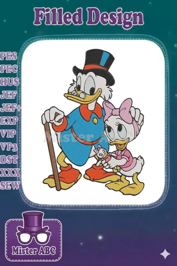 Scrooge McDuck and Webby Vanderquack embroidery design, featuring vibrant colors and detailed stitching on a white background.