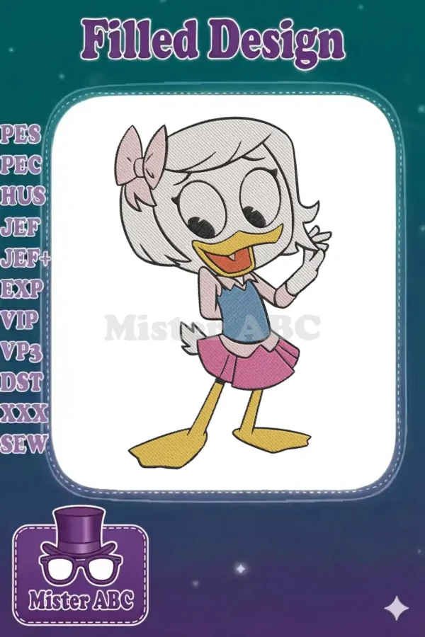 Detailed embroidery of Webby Vanderquack from DuckTales, featuring her pink bow, blue top, and vibrant skirt.