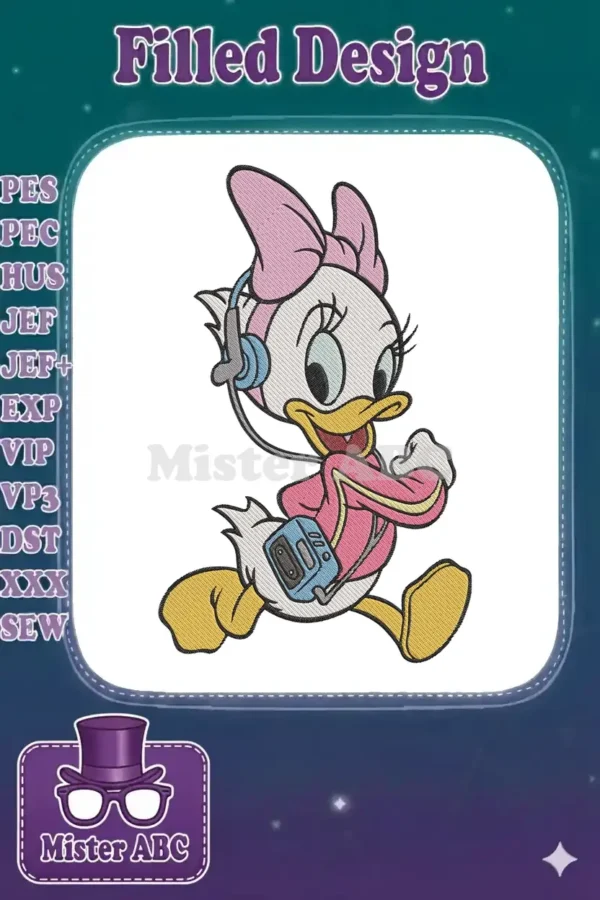 Vibrant embroidery of Daisy Duck jogging, wearing pink sportswear, headphones, and holding a portable player.