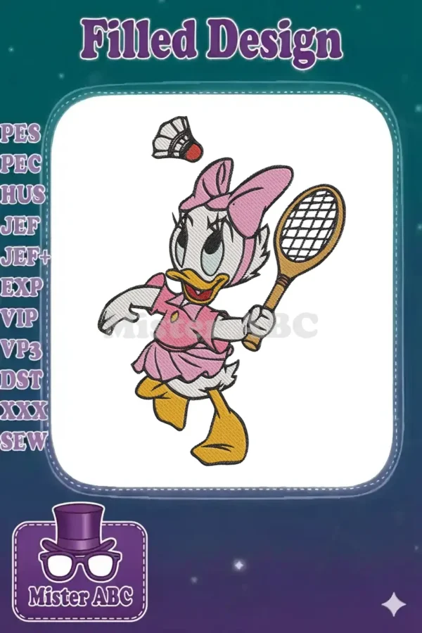 Full-color embroidery of Daisy Duck playing badminton, wearing a pink outfit, holding a racket with a shuttlecock.