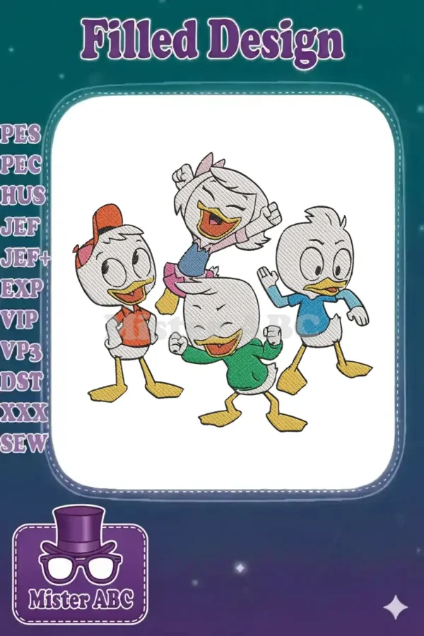 Cheerful embroidery design of Huey, Dewey, Louie, and Webby Vanderquack from DuckTales, ready for fun adventures.