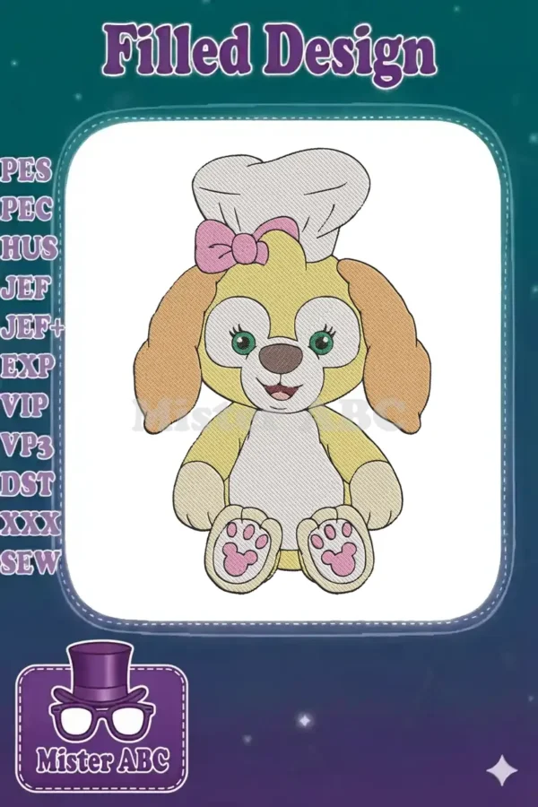 A charming embroidery design of CookieAnn, the Disney dog, wearing a chef's hat and a pink bow, smiling.