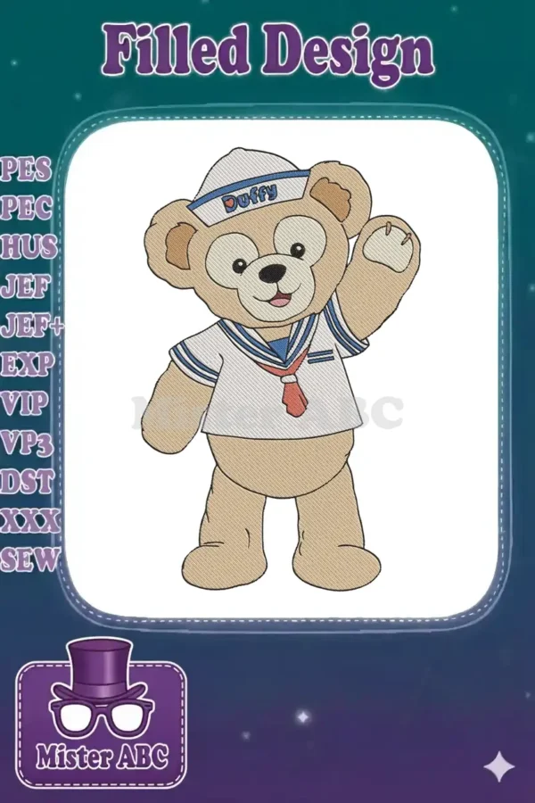 Duffy the Disney Bear embroidery design, smiling and waving in a classic blue and white sailor uniform.