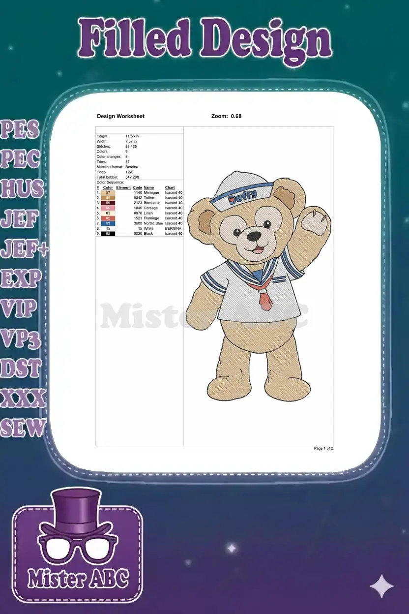 Embroidery design worksheet for Duffy the Bear, detailing stitch count, dimensions, and color sequence.