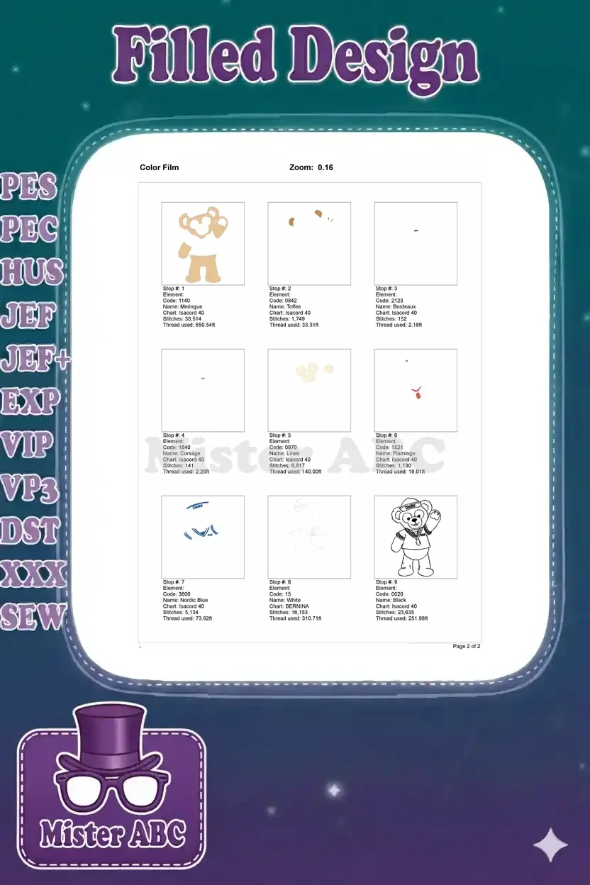 Color film breakdown for Duffy the Bear embroidery, showing individual stitch stops and thread usage.