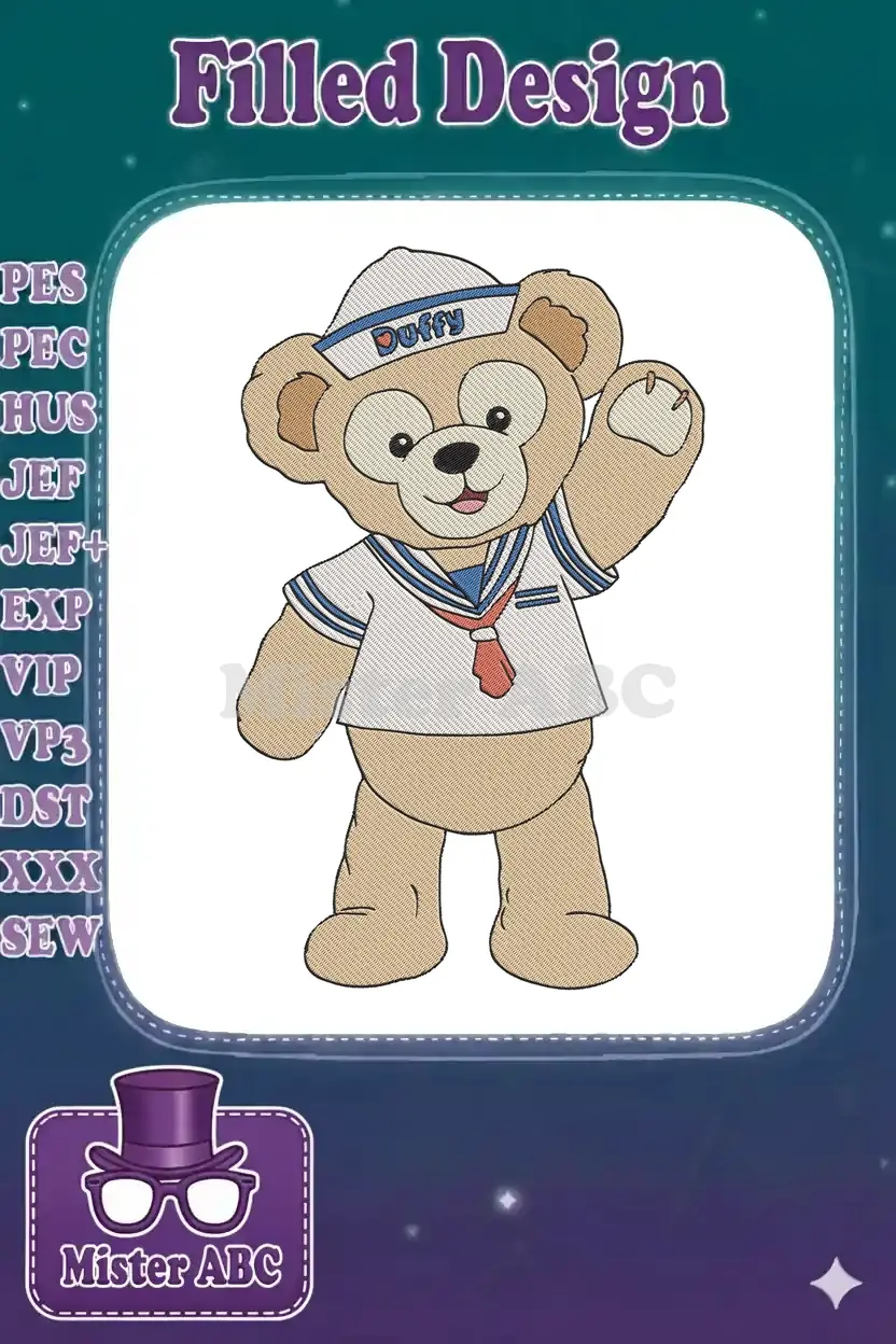 Duffy the Disney Bear embroidery design, smiling and waving in a classic blue and white sailor uniform.