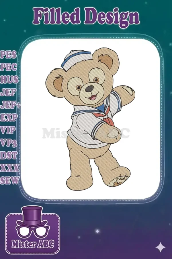 Adorable Duffy the Disney Bear embroidery design, featuring him in a classic blue and white sailor outfit.
