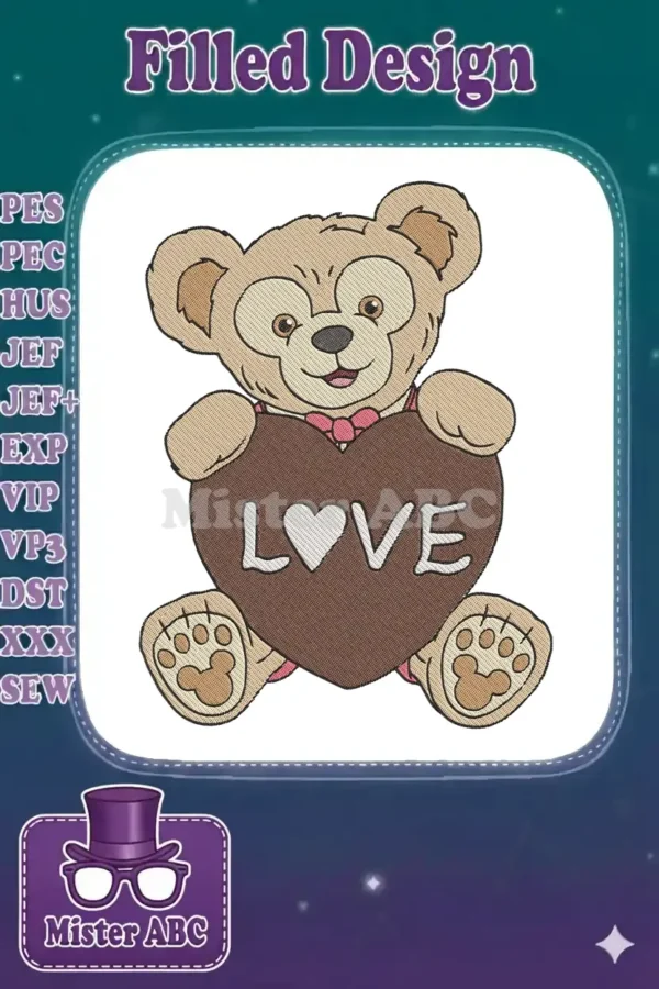 An adorable Duffy Bear machine embroidery design, holding a brown heart with the word 'LOVE' in white script.