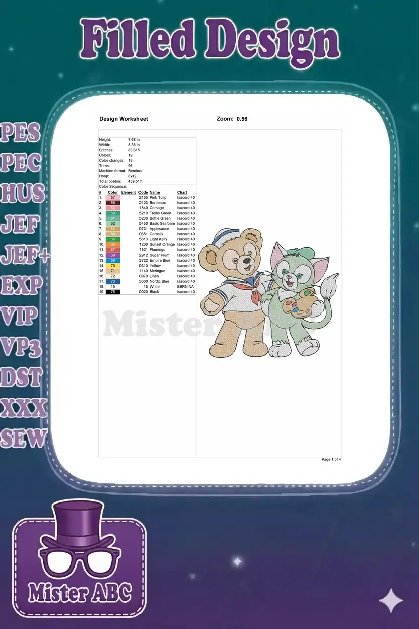 Detailed embroidery design worksheet for Duffy and Gelatoni, showing dimensions, stitch count, and color sequence.