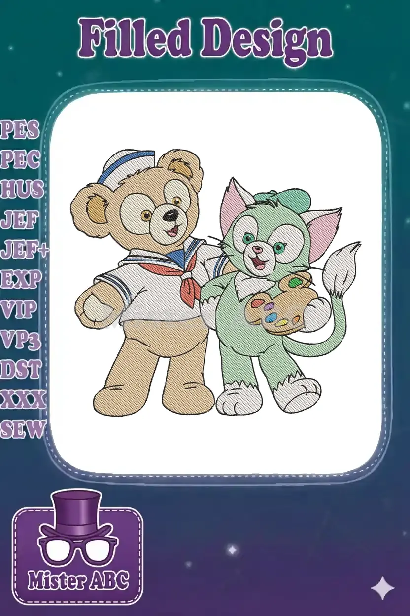 Delightful embroidery of Duffy Bear in a sailor suit and Gelatoni the cat with a paint palette, showcasing friendship.