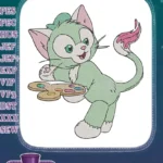 Cute Green Cat Artist with Palette Embroidery Designs - Instant Download