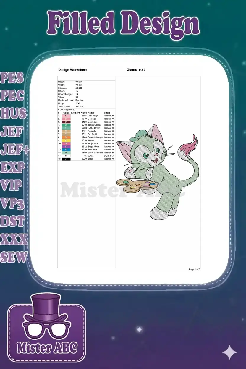 Detailed embroidery design worksheet for Gelatoni, showing stitch count, colors, dimensions, and hoop size.