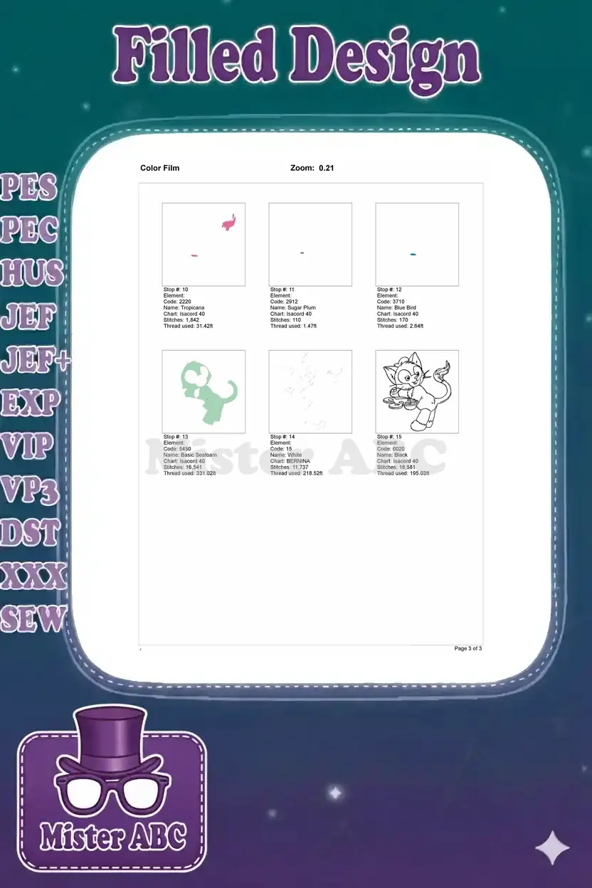 Second page of the embroidery color film, showing the remaining color stops and the final design outline.