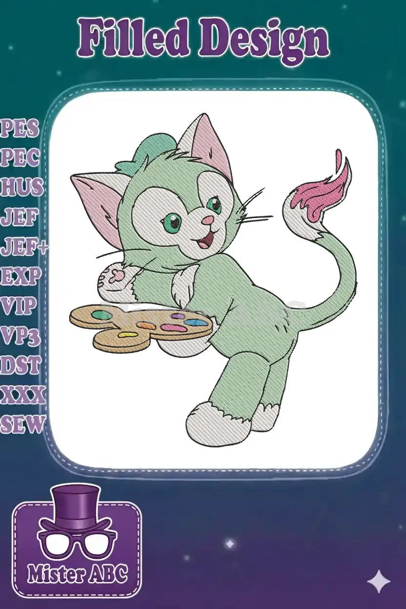 Gelatoni, the artistic cat, is captured mid-action, holding his colorful palette, ready to create a masterpiece.