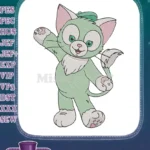 Friendly green cartoon cat with hat waving embroidery designs - Instant Download