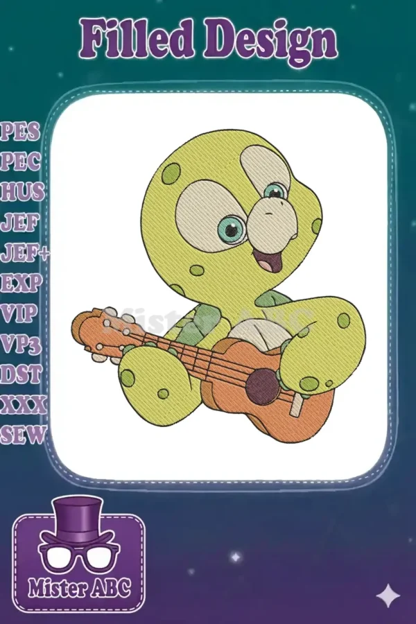 A vibrant embroidery design featuring a cheerful baby turtle playing a ukulele, perfect for children's apparel.