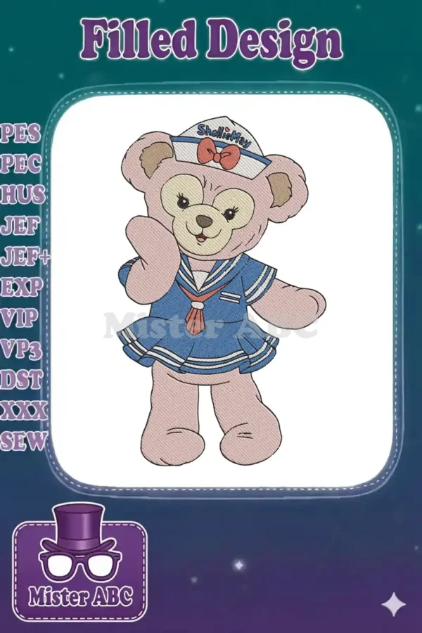 Adorable ShellieMay bear in a blue sailor dress with a white collar and hat, perfect for embroidery projects.
