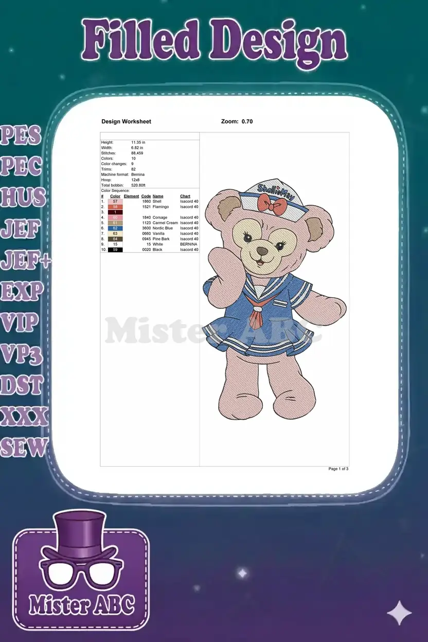 Embroidery design worksheet for ShellieMay, showing dimensions, stitch count, color sequence, and thread details.