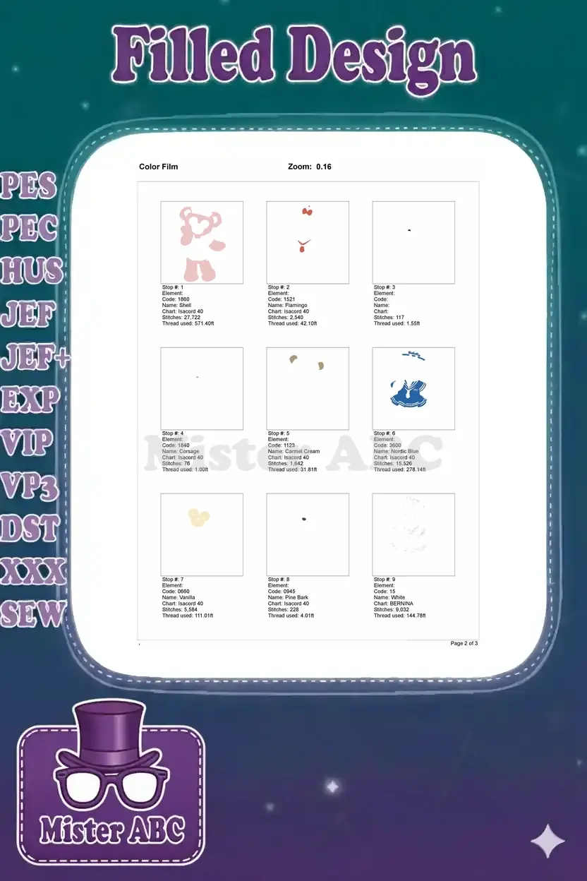 First page of the color film, illustrating the initial embroidery steps and thread usage for ShellieMay's design.