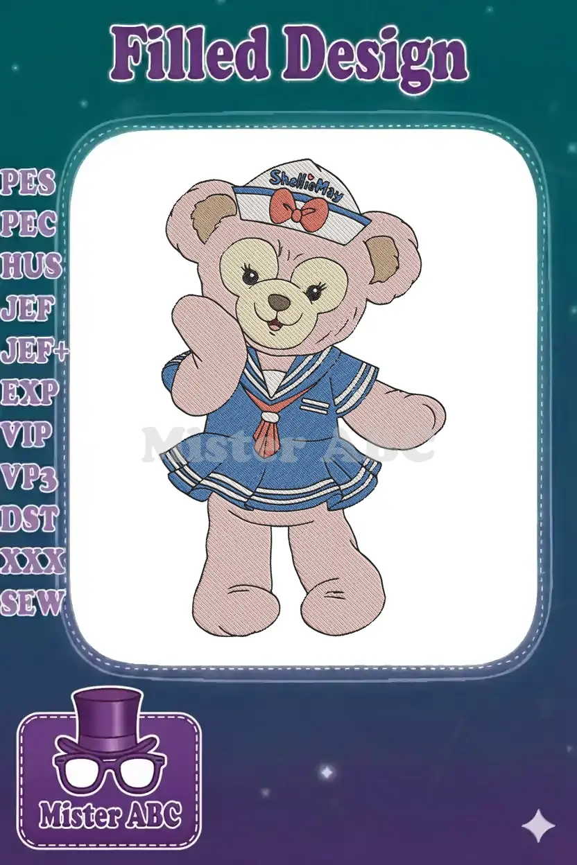 Adorable ShellieMay bear in a blue sailor dress with a white collar and hat, perfect for embroidery projects.