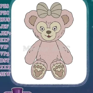 Close-up of a charming ShellieMay-inspired pink teddy bear embroidery design with a beige bow, showcasing fine details.